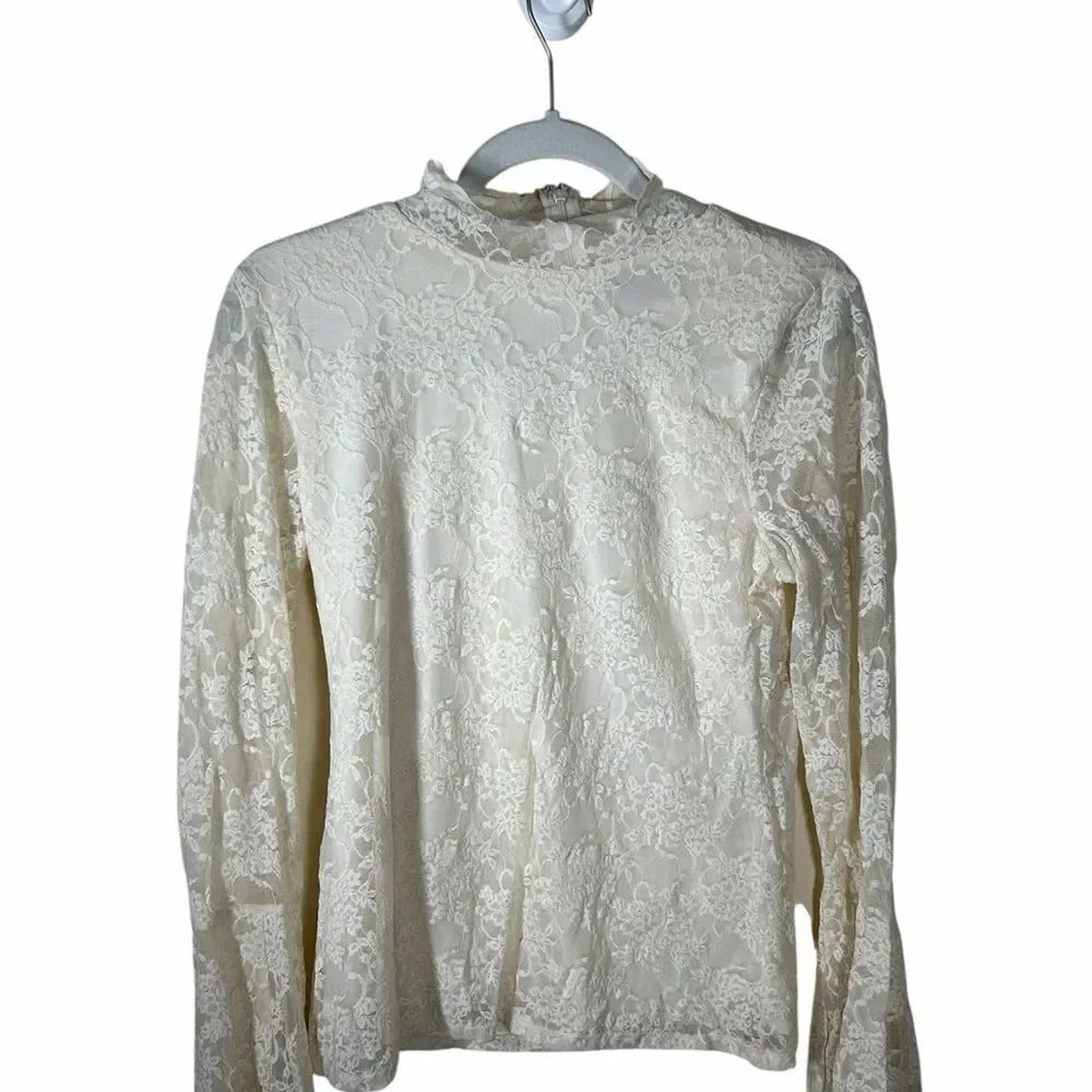 Vince Camuto Women's Cream Lace High-Neck Long Sleeve Top